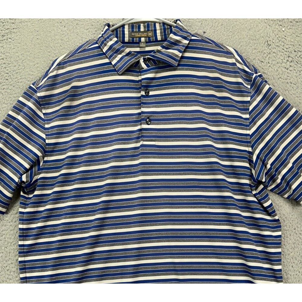 Peter Millar Shirt Men Large Blue Stripes Summer Comfort Golf Polo Stretch Rugby